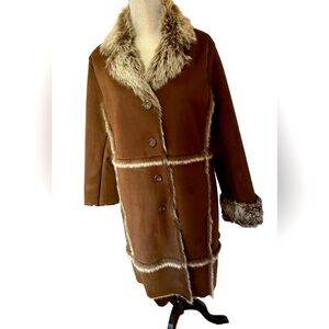 New Womens Faux Suede Coat With Faux Fur Trim Midi Length XL